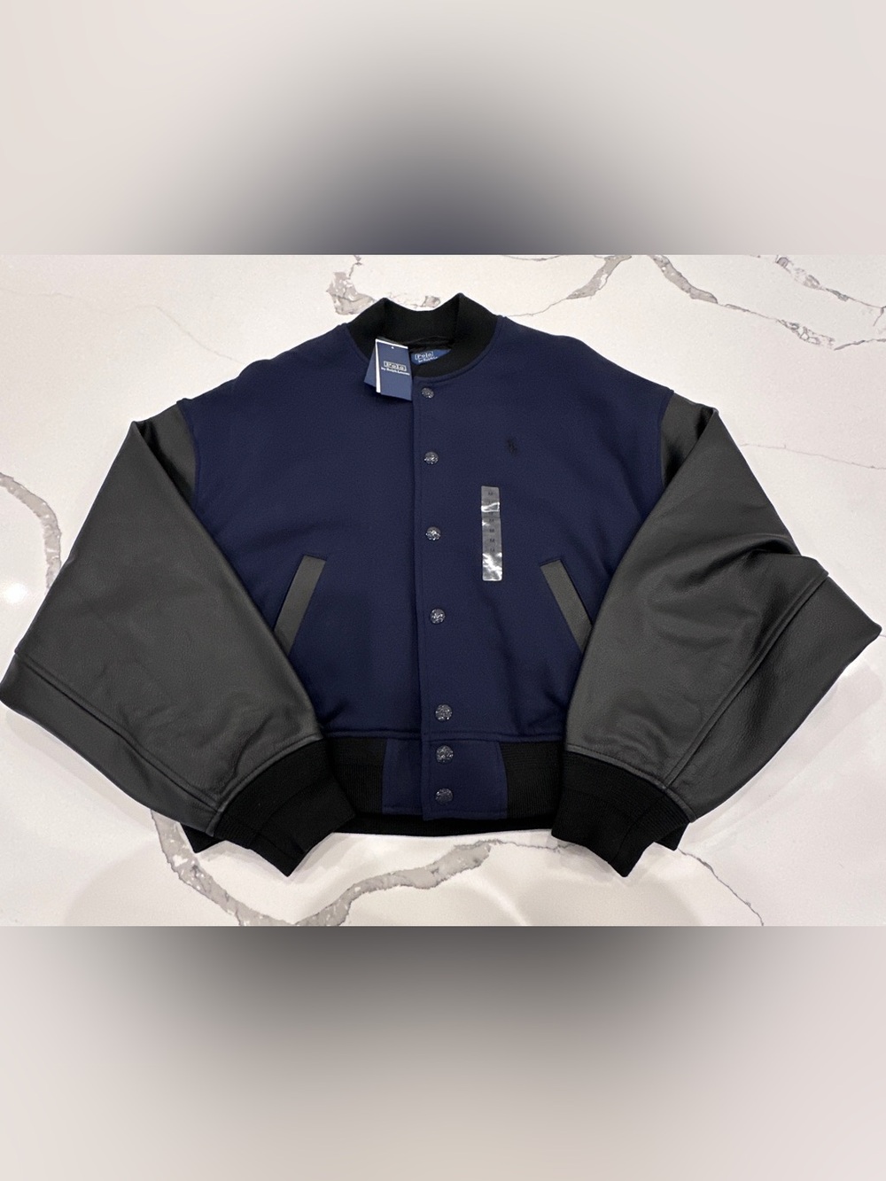 POLO RALPH LAUREN Leather Trim Bomber Jacket Varsity Sz Medium Navy/Black NWT